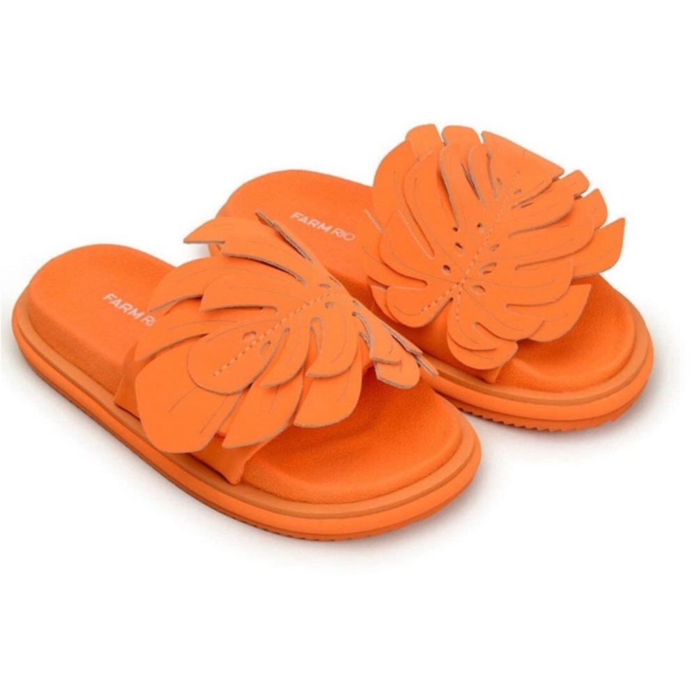 NEW FARM Rio Monstera Anatomic Slide Sandal Orange Leaf Velcro Dust Bag Size 7
